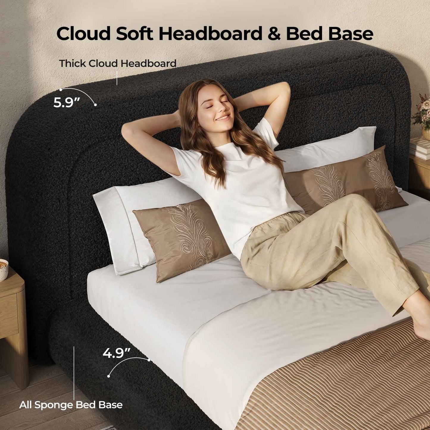 ADORNEVE Cloud Bed Frame King with 5.9" Headboard Upholstered Platform Bed with Curve Round and 5 Inch Foam Cushioned for Young Adults Kid and Pet Families