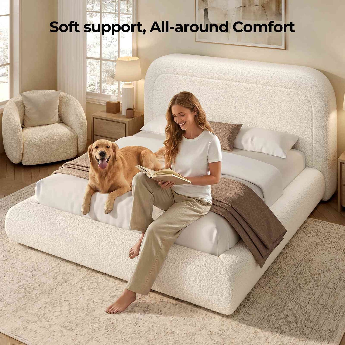 ADORNEVE Cloud Bed Frame King with 5.9" Headboard Upholstered Platform Bed with Curve Round and 5 Inch Foam Cushioned for Young Adults Kid and Pet Families
