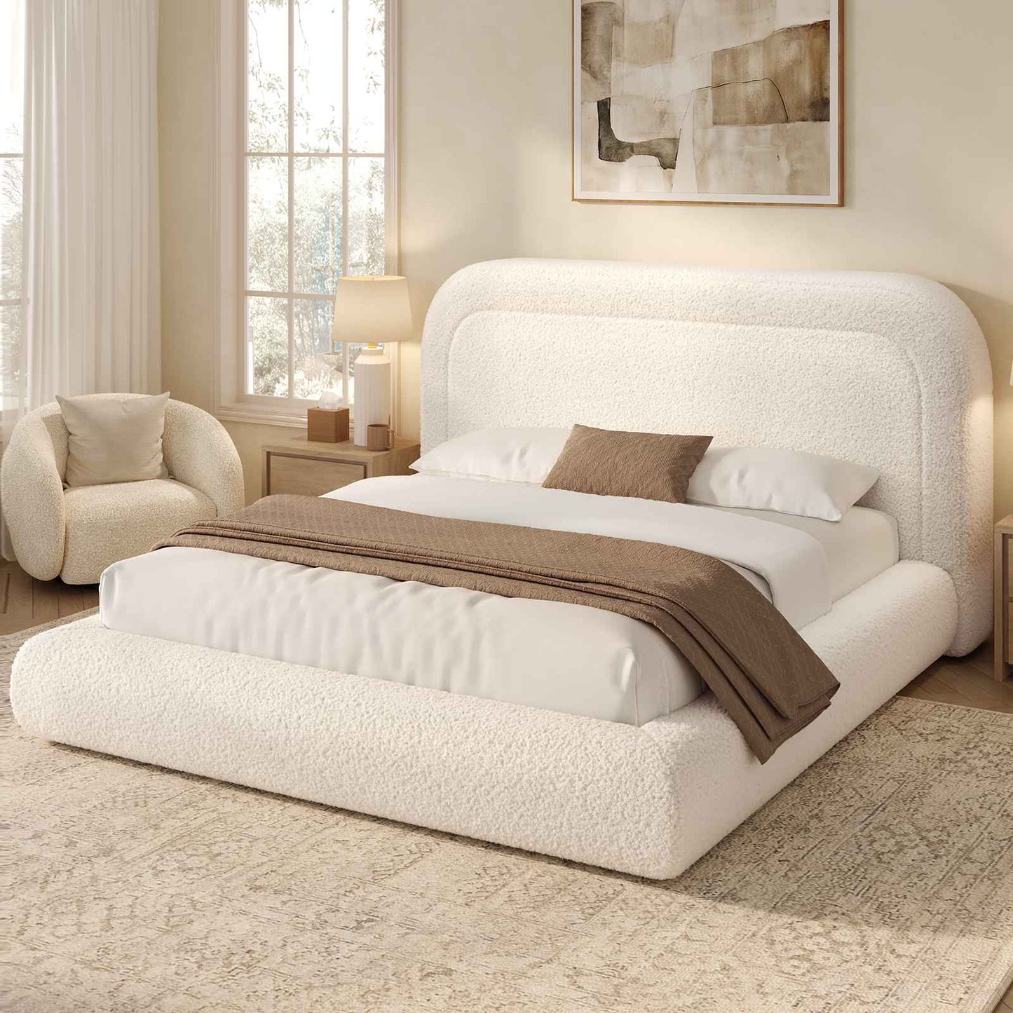 ADORNEVE Cloud Bed Frame King with 5.9" Headboard Upholstered Platform Bed with Curve Round and 5 Inch Foam Cushioned for Young Adults Kid and Pet Families