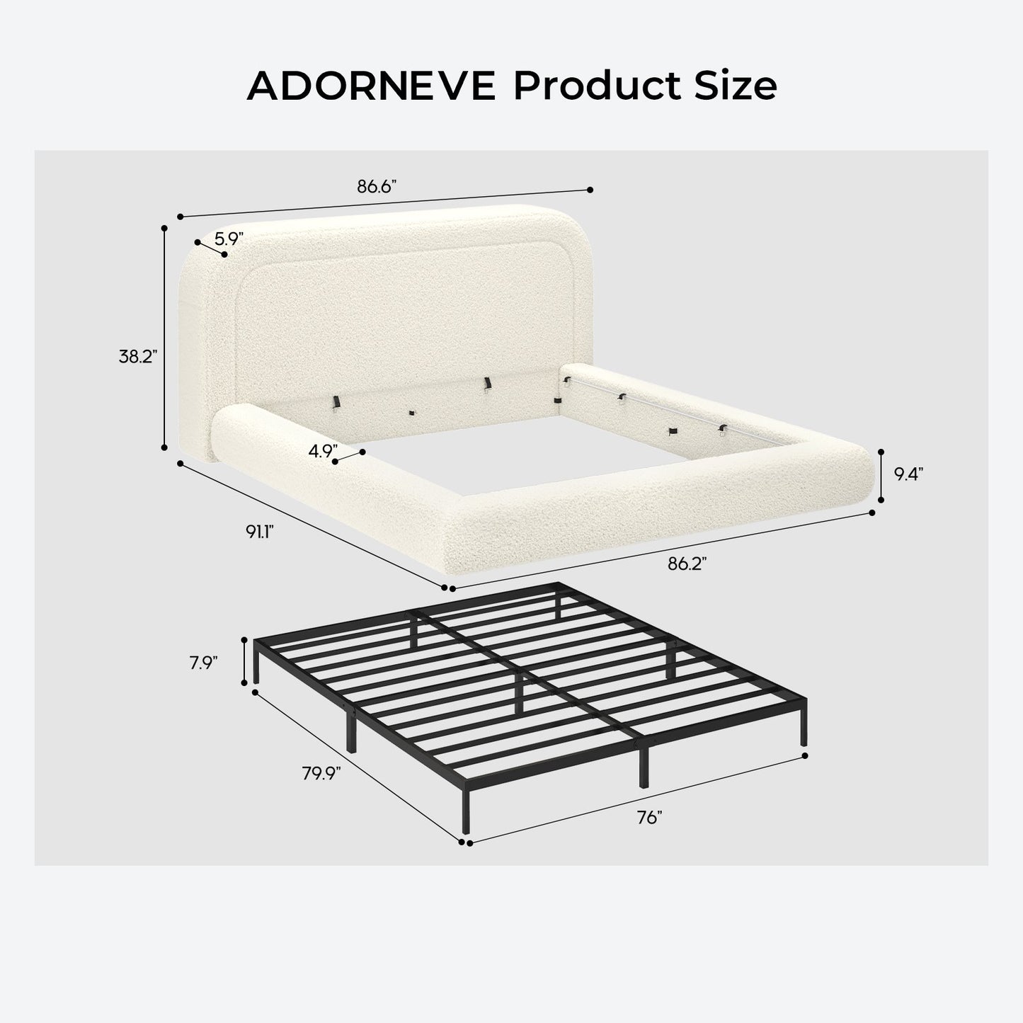 ADORNEVE Cloud Bed Frame King with 5.9" Headboard Upholstered Platform Bed with Curve Round and 5 Inch Foam Cushioned for Young Adults Kid and Pet Families