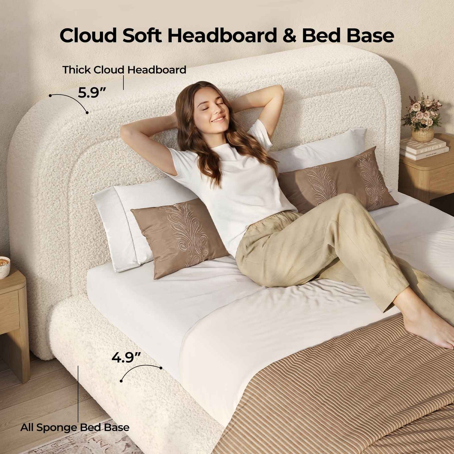 ADORNEVE Cloud Bed Frame King with 5.9" Headboard Upholstered Platform Bed with Curve Round and 5 Inch Foam Cushioned for Young Adults Kid and Pet Families