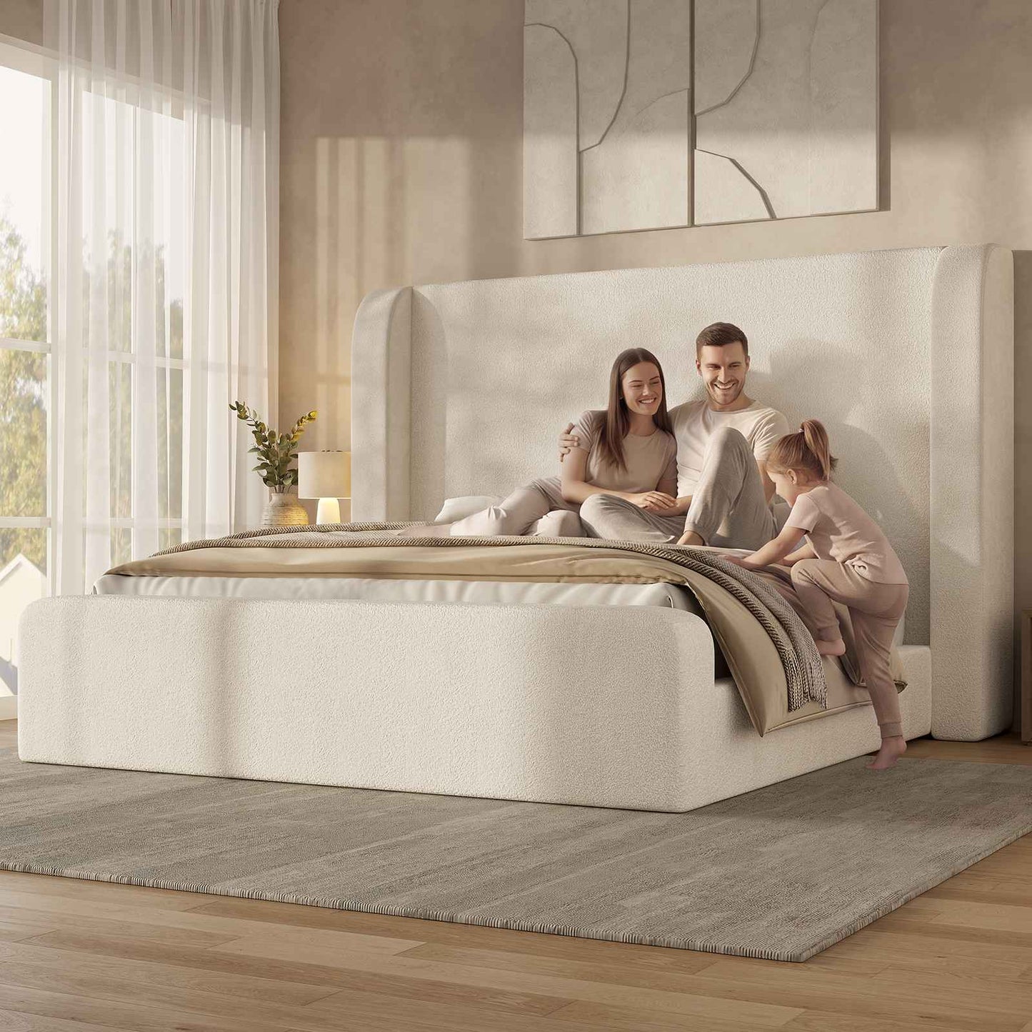 ADORNEVE Cloud California King Bed Frames with 49.2” Tall Wingback Headboard and 5” Foam Fully Cushioned Upholstered Platform Bed with Rounded Corners Design
