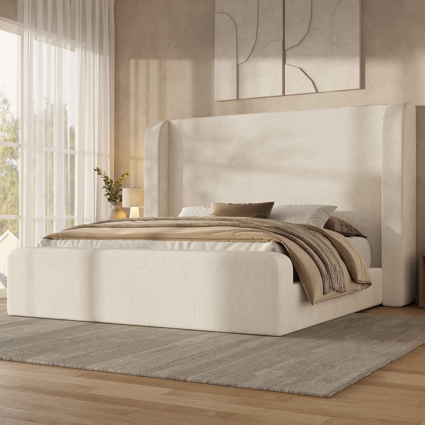 ADORNEVE Cloud California King Bed Frames with 49.2” Tall Wingback Headboard and 5” Foam Fully Cushioned Upholstered Platform Bed with Rounded Corners Design
