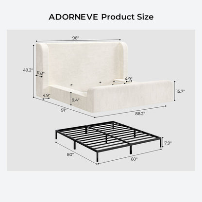 ADORNEVE King Size Cloud Bed Frame with 49.2” Tall Wingback Headboard and 5 Inch Foam Fully Cushioned Upholstered Platform Bed with Rounded Corners Design