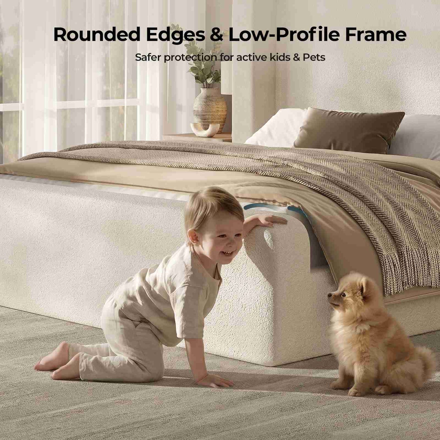 ADORNEVE King Size Cloud Bed Frame with 49.2” Tall Wingback Headboard and 5 Inch Foam Fully Cushioned Upholstered Platform Bed with Rounded Corners Design