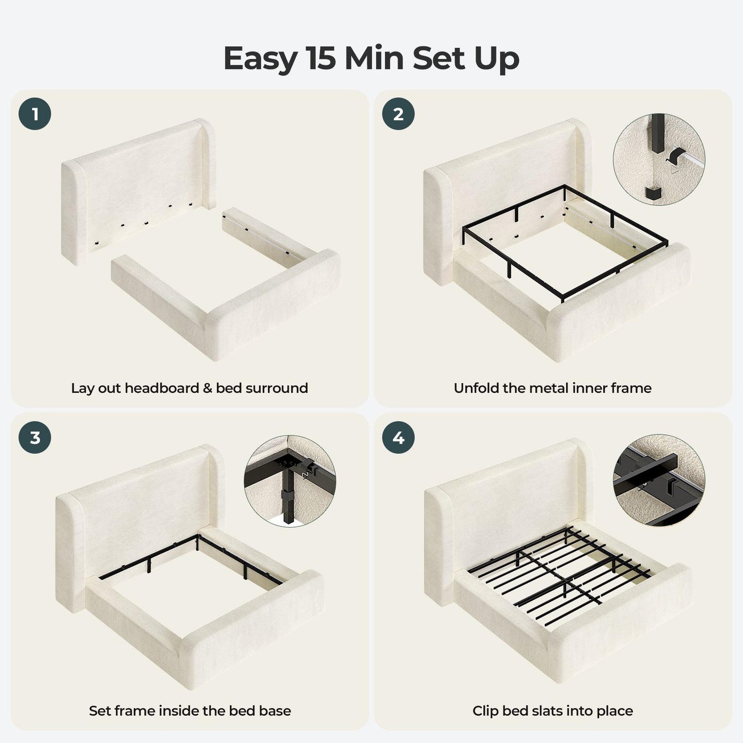 ADORNEVE King Size Cloud Bed Frame with 49.2” Tall Wingback Headboard and 5 Inch Foam Fully Cushioned Upholstered Platform Bed with Rounded Corners Design