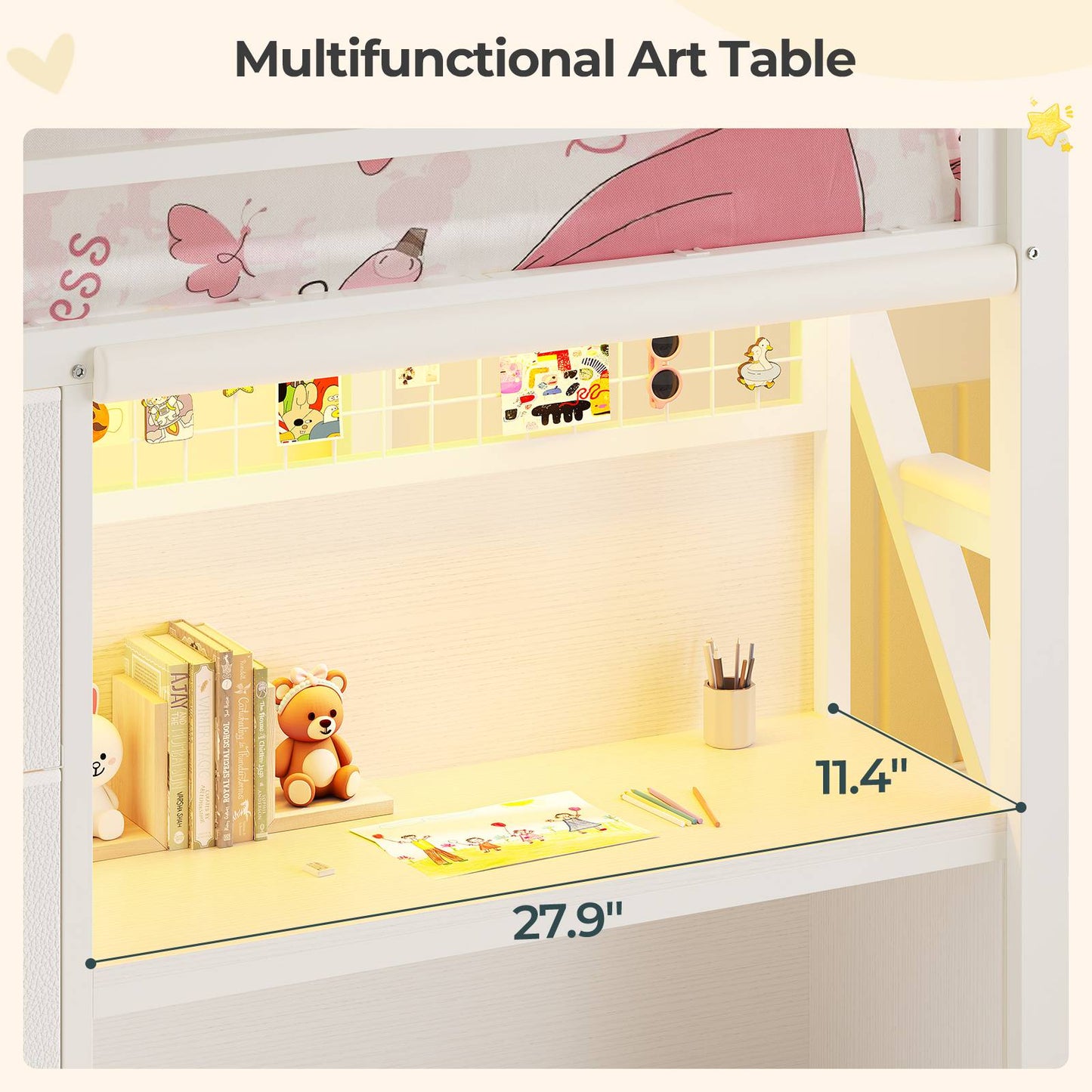 ADORNEVE Low Loft Bed Twin Size with 7 Storage Drawers and Desk Kids LED Loft Bed with Safety Guardrail and Under-Bed Play Space Private Play Curtain