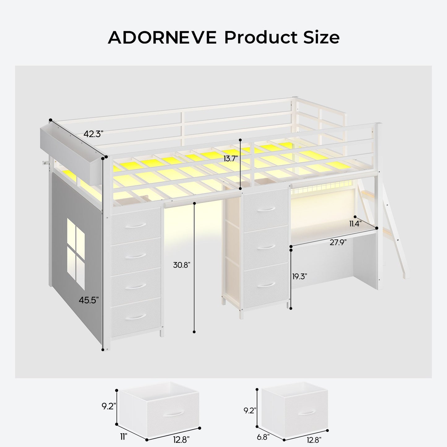 ADORNEVE Low Loft Bed Twin Size with 7 Storage Drawers and Desk Kids LED Loft Bed with Safety Guardrail and Under-Bed Play Space Private Play Curtain