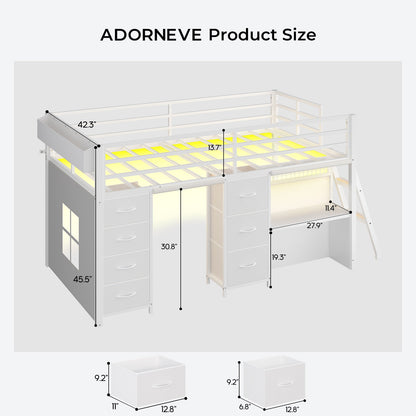 ADORNEVE Low Loft Bed Twin Size with 7 Storage Drawers and Desk Kids LED Loft Bed with Safety Guardrail and Under-Bed Play Space Private Play Curtain