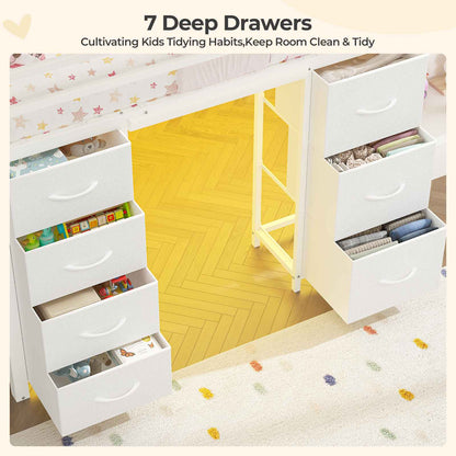 ADORNEVE Low Loft Bed Twin Size with 7 Storage Drawers and Desk Kids LED Loft Bed with Safety Guardrail and Under-Bed Play Space Private Play Curtain