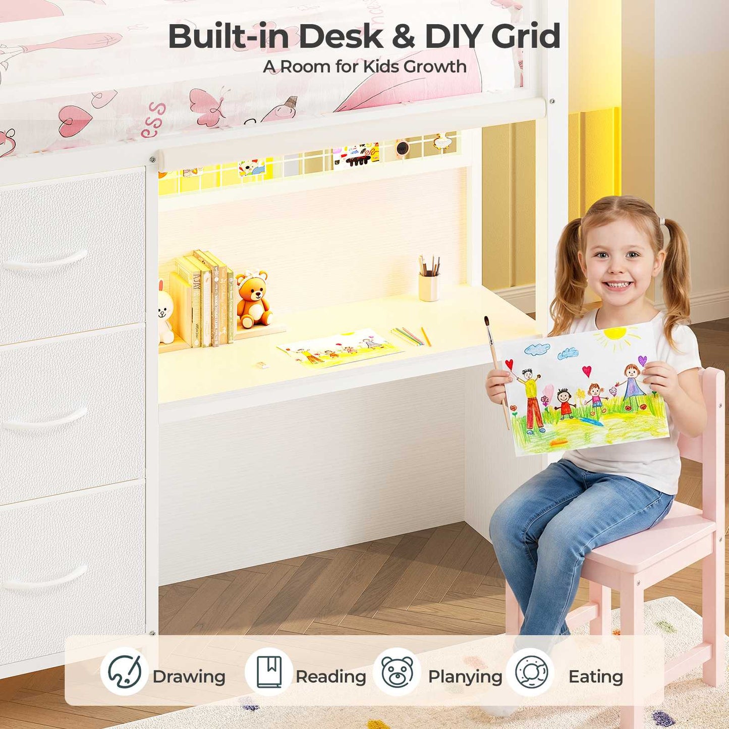 ADORNEVE Low Loft Bed Twin Size with 7 Storage Drawers and Desk Kids LED Loft Bed with Safety Guardrail and Under-Bed Play Space Private Play Curtain
