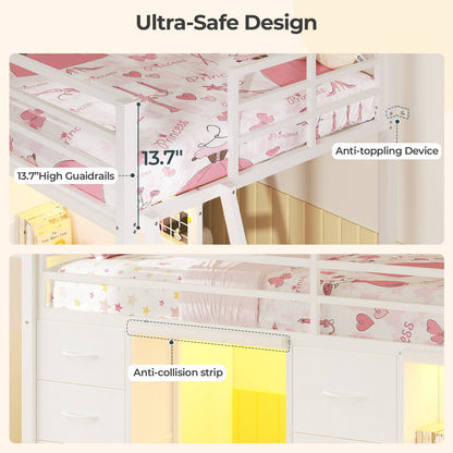 ADORNEVE Low Loft Bed Twin Size with 7 Storage Drawers and Desk Kids LED Loft Bed with Safety Guardrail and Under-Bed Play Space Private Play Curtain