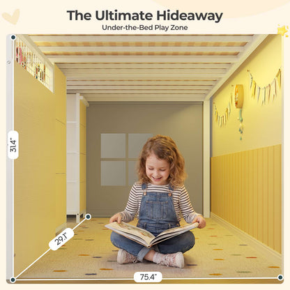 ADORNEVE Low Loft Bed Twin Size with 7 Storage Drawers and Desk Kids LED Loft Bed with Safety Guardrail and Under-Bed Play Space Private Play Curtain