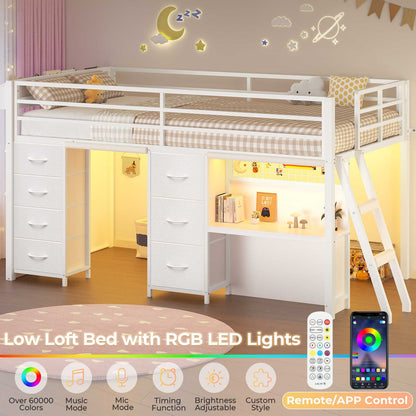 ADORNEVE Low Loft Bed Twin Size with 7 Storage Drawers and Desk Kids LED Loft Bed with Safety Guardrail and Under-Bed Play Space Private Play Curtain