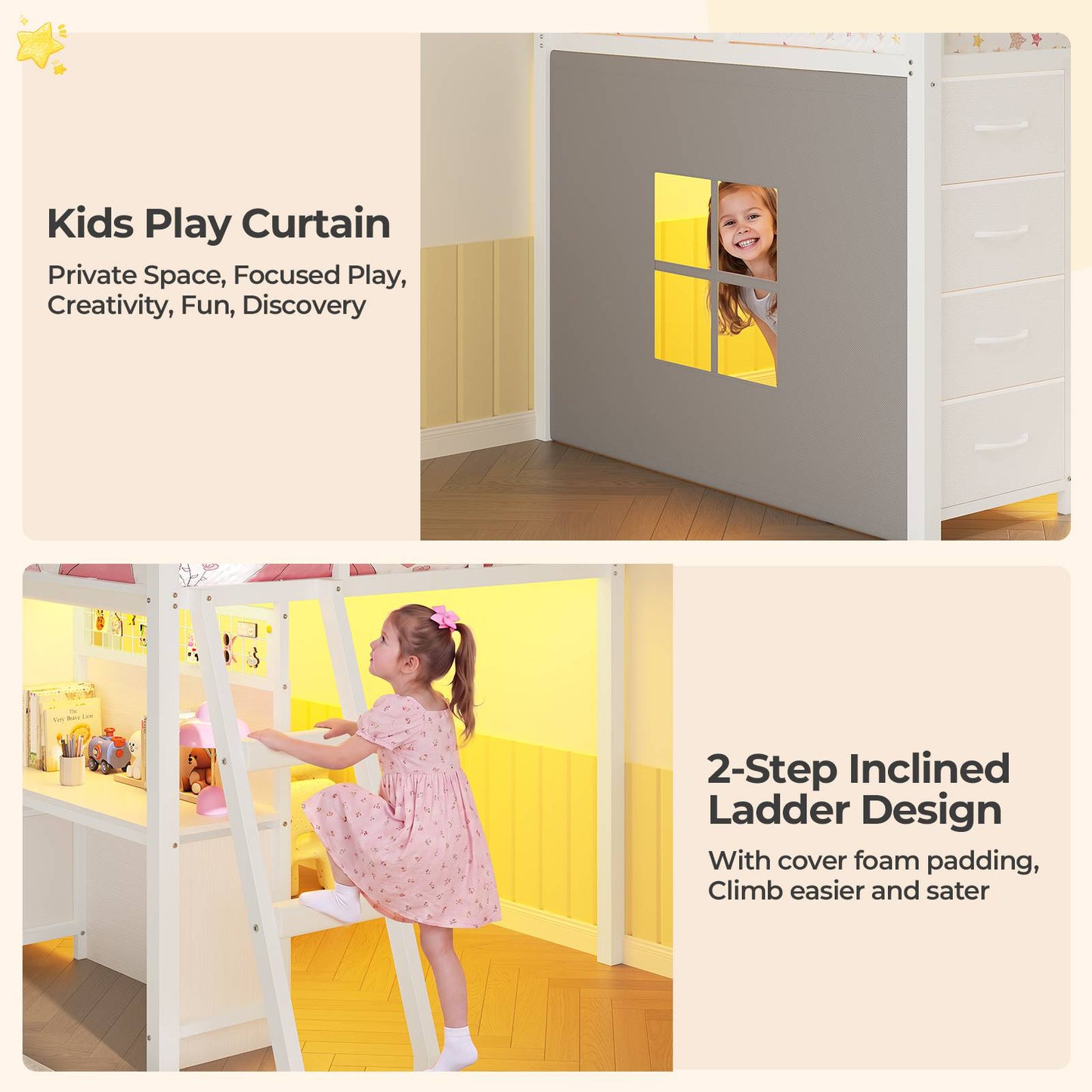 ADORNEVE Low Loft Bed Twin Size with 7 Storage Drawers and Desk Kids LED Loft Bed with Safety Guardrail and Under-Bed Play Space Private Play Curtain