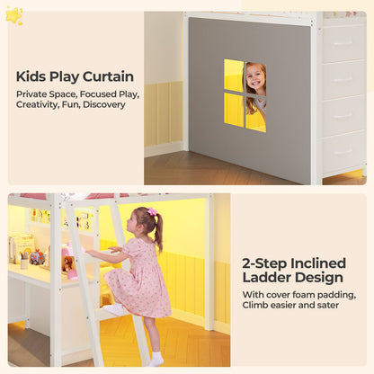ADORNEVE Low Loft Bed Twin Size with 7 Storage Drawers and Desk Kids LED Loft Bed with Safety Guardrail and Under-Bed Play Space Private Play Curtain