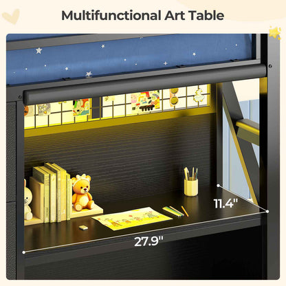 ADORNEVE Low Loft Bed Twin Size with 7 Storage Drawers and Desk Kids LED Loft Bed with Safety Guardrail and Under-Bed Play Space Private Play Curtain