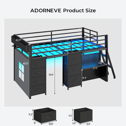 ADORNEVE Low Loft Bed Twin Size with 7 Storage Drawers and Desk Kids LED Loft Bed with Safety Guardrail and Under-Bed Play Space Private Play Curtain