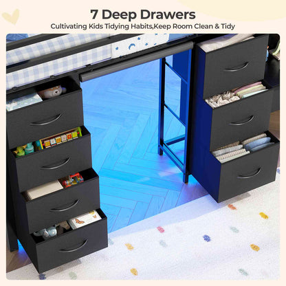 ADORNEVE Low Loft Bed Twin Size with 7 Storage Drawers and Desk Kids LED Loft Bed with Safety Guardrail and Under-Bed Play Space Private Play Curtain