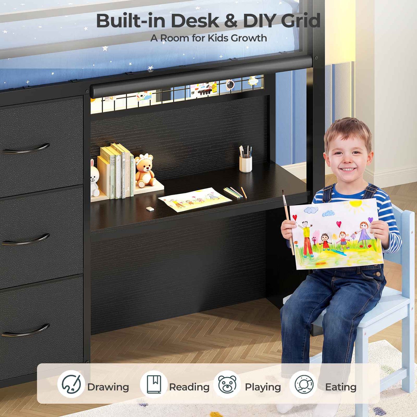 ADORNEVE Low Loft Bed Twin Size with 7 Storage Drawers and Desk Kids LED Loft Bed with Safety Guardrail and Under-Bed Play Space Private Play Curtain
