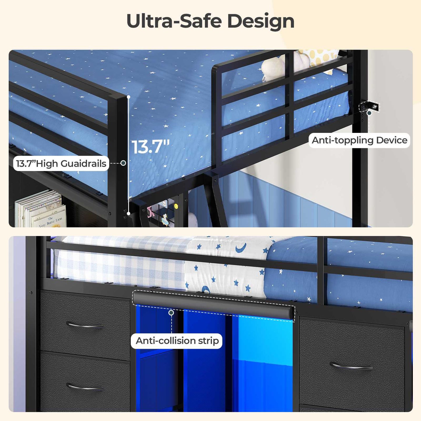 ADORNEVE Low Loft Bed Twin Size with 7 Storage Drawers and Desk Kids LED Loft Bed with Safety Guardrail and Under-Bed Play Space Private Play Curtain