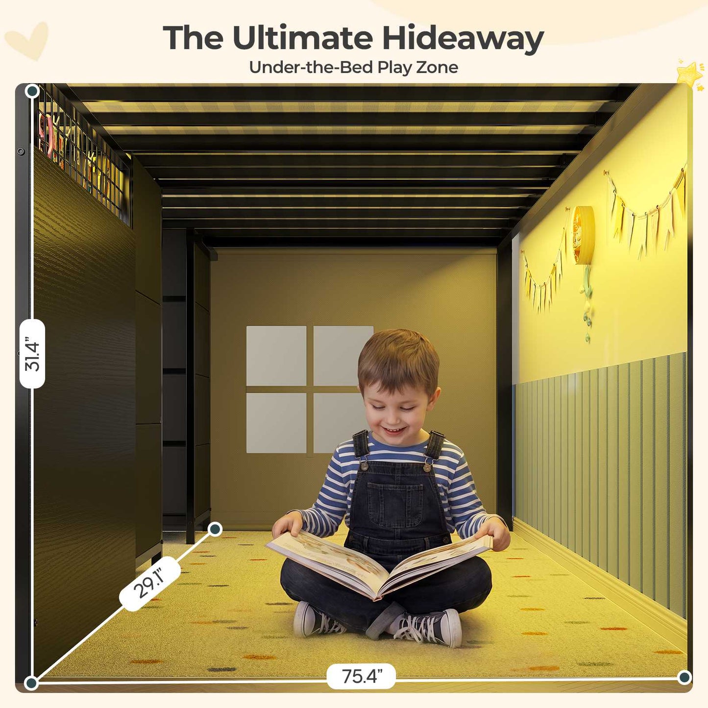 ADORNEVE Low Loft Bed Twin Size with 7 Storage Drawers and Desk Kids LED Loft Bed with Safety Guardrail and Under-Bed Play Space Private Play Curtain