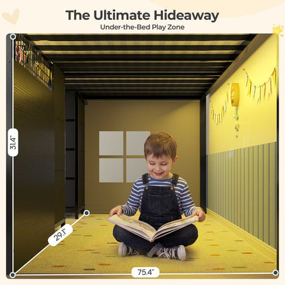 ADORNEVE Low Loft Bed Twin Size with 7 Storage Drawers and Desk Kids LED Loft Bed with Safety Guardrail and Under-Bed Play Space Private Play Curtain