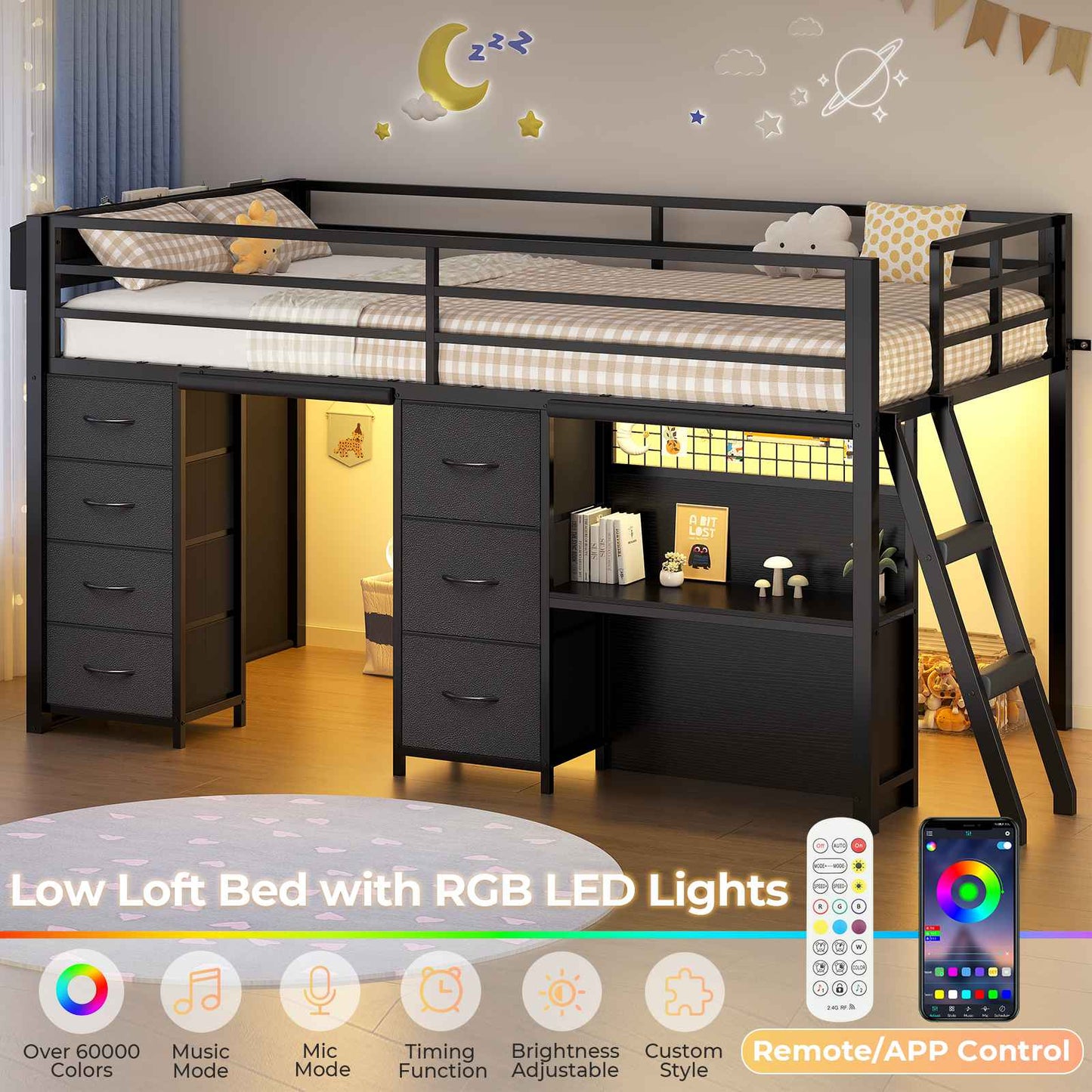 ADORNEVE Low Loft Bed Twin Size with 7 Storage Drawers and Desk Kids LED Loft Bed with Safety Guardrail and Under-Bed Play Space Private Play Curtain