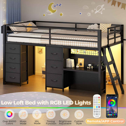 ADORNEVE Low Loft Bed Twin Size with 7 Storage Drawers and Desk Kids LED Loft Bed with Safety Guardrail and Under-Bed Play Space Private Play Curtain