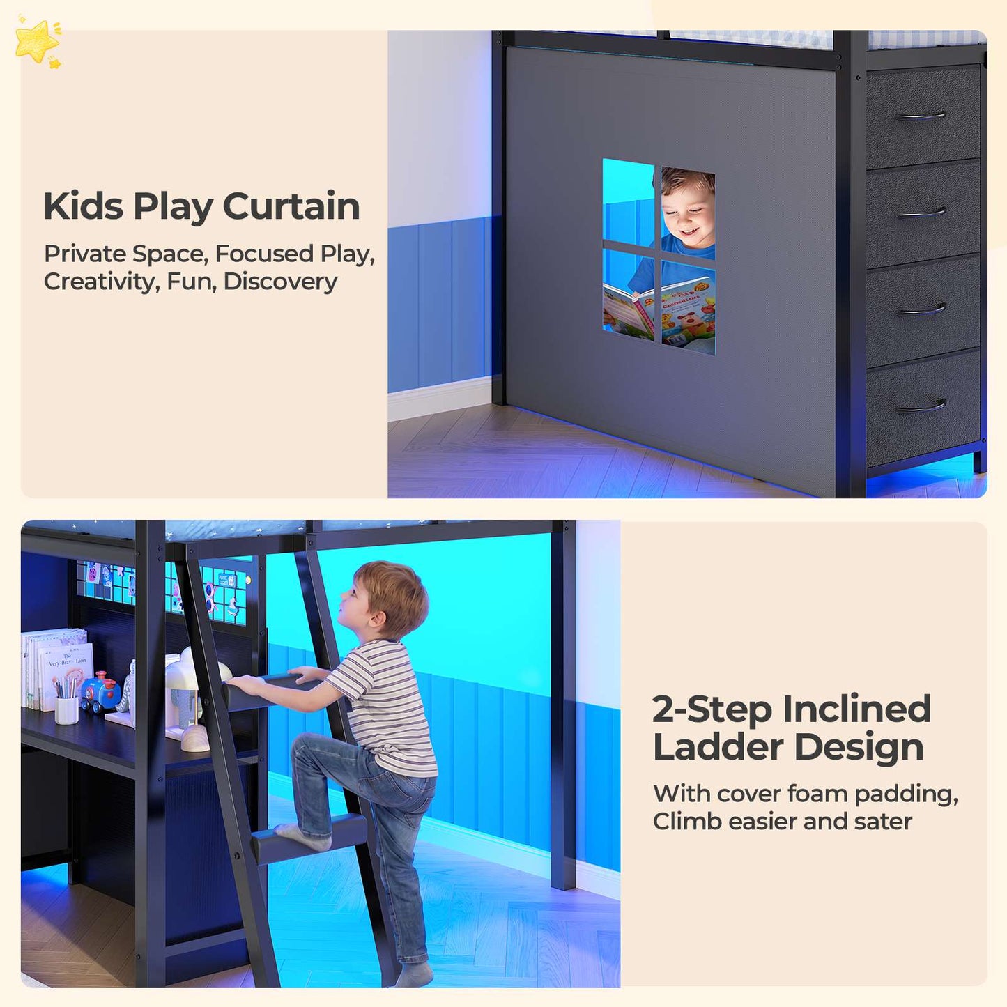 ADORNEVE Low Loft Bed Twin Size with 7 Storage Drawers and Desk Kids LED Loft Bed with Safety Guardrail and Under-Bed Play Space Private Play Curtain