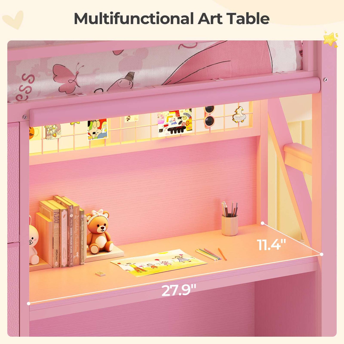 ADORNEVE Low Loft Bed Twin Size with 7 Storage Drawers and Desk Kids LED Loft Bed with Safety Guardrail and Under-Bed Play Space Private Play Curtain