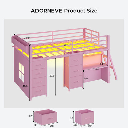ADORNEVE Low Loft Bed Twin Size with 7 Storage Drawers and Desk Kids LED Loft Bed with Safety Guardrail and Under-Bed Play Space Private Play Curtain