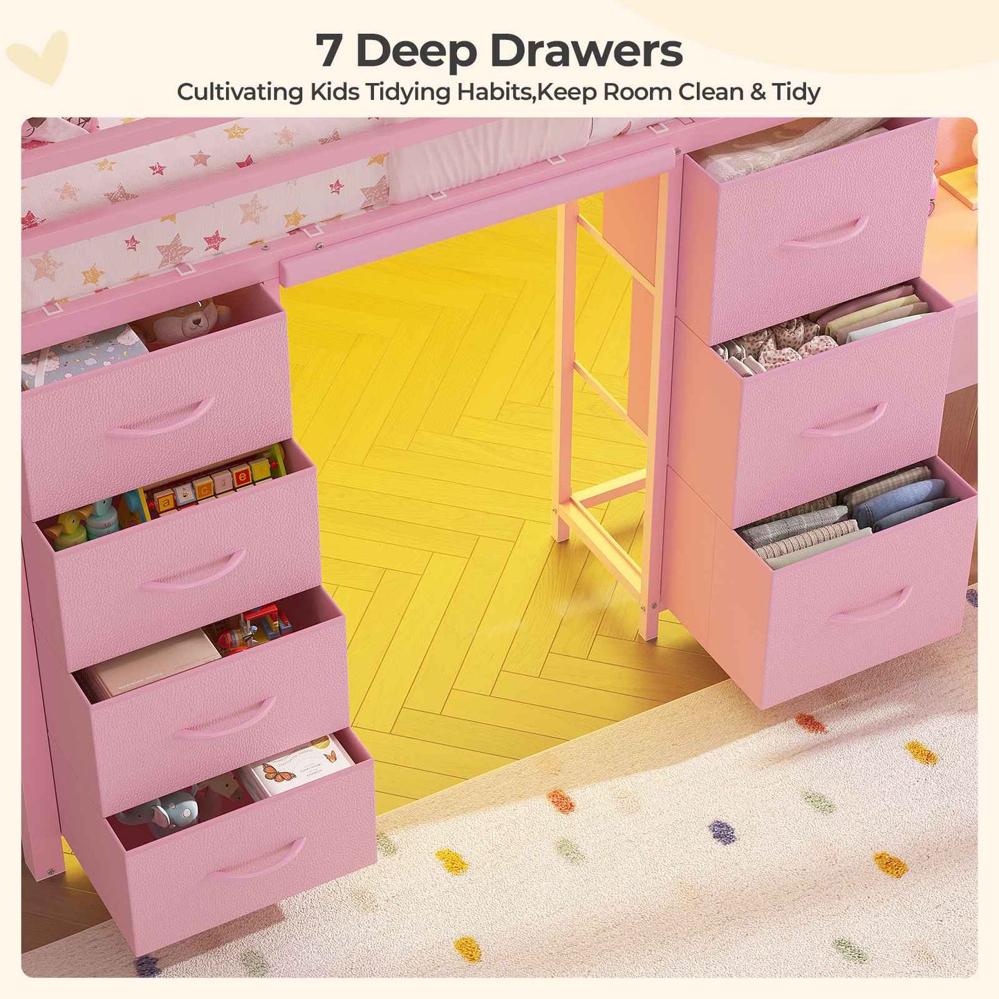 ADORNEVE Low Loft Bed Twin Size with 7 Storage Drawers and Desk Kids LED Loft Bed with Safety Guardrail and Under-Bed Play Space Private Play Curtain