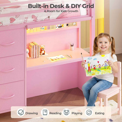 ADORNEVE Low Loft Bed Twin Size with 7 Storage Drawers and Desk Kids LED Loft Bed with Safety Guardrail and Under-Bed Play Space Private Play Curtain