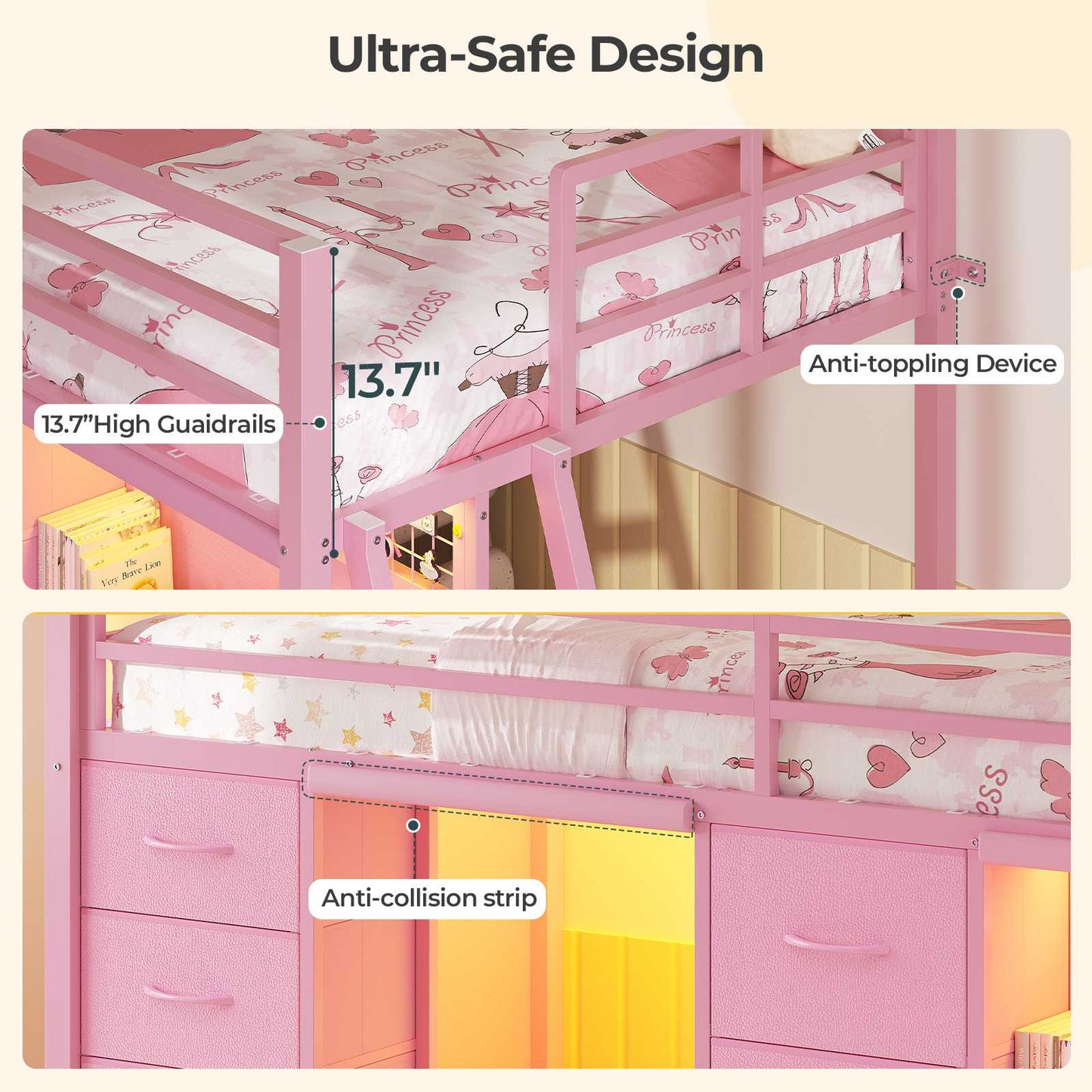 ADORNEVE Low Loft Bed Twin Size with 7 Storage Drawers and Desk Kids LED Loft Bed with Safety Guardrail and Under-Bed Play Space Private Play Curtain