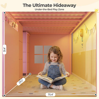 ADORNEVE Low Loft Bed Twin Size with 7 Storage Drawers and Desk Kids LED Loft Bed with Safety Guardrail and Under-Bed Play Space Private Play Curtain