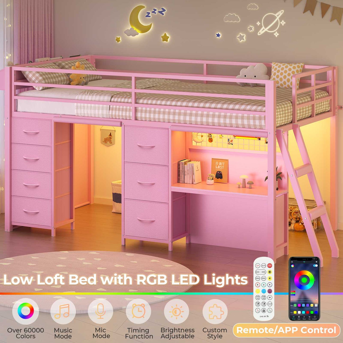 ADORNEVE Low Loft Bed Twin Size with 7 Storage Drawers and Desk Kids LED Loft Bed with Safety Guardrail and Under-Bed Play Space Private Play Curtain