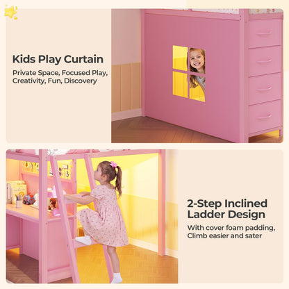 ADORNEVE Low Loft Bed Twin Size with 7 Storage Drawers and Desk Kids LED Loft Bed with Safety Guardrail and Under-Bed Play Space Private Play Curtain