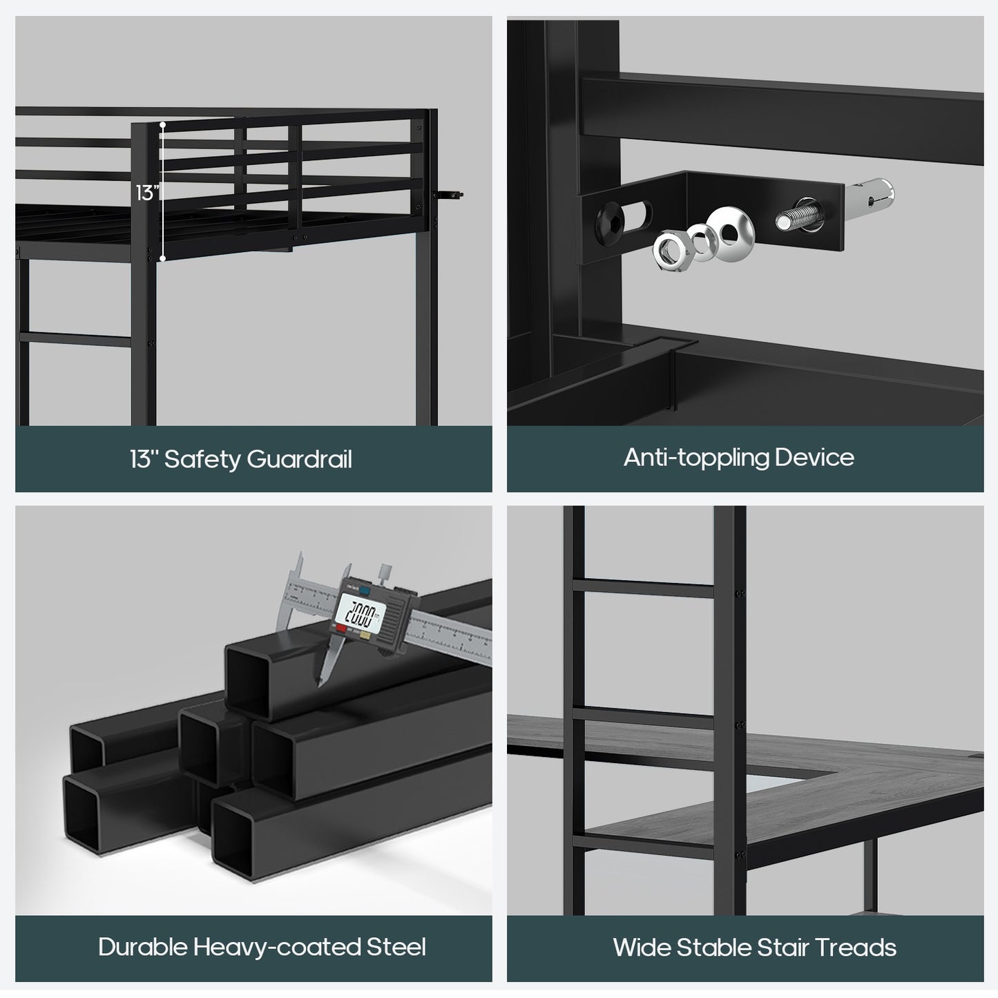 ADORNEVE Loft Bed Full Size with U-Shaped Desk and 10 Storage Drawers LED Metal Loft Bed with Cabinet 2 Shelves and Power Outlet Safety Guardrail