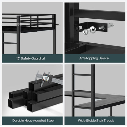 ADORNEVE Loft Bed Full Size with U-Shaped Desk and 10 Storage Drawers LED Metal Loft Bed with Cabinet 2 Shelves and Power Outlet Safety Guardrail