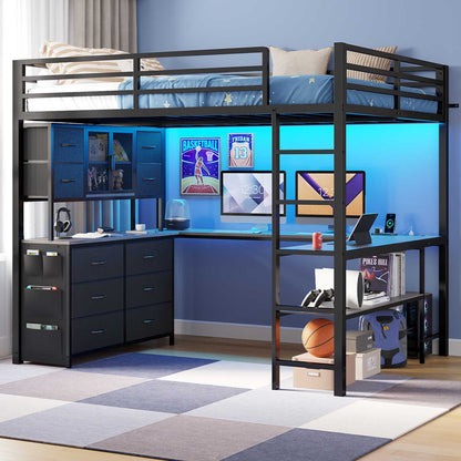 ADORNEVE Loft Bed Full Size with U-Shaped Desk and 10 Storage Drawers LED Metal Loft Bed with Cabinet 2 Shelves and Power Outlet Safety Guardrail