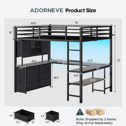 ADORNEVE Loft Bed Full Size with U-Shaped Desk and 10 Storage Drawers LED Metal Loft Bed with Cabinet 2 Shelves and Power Outlet Safety Guardrail