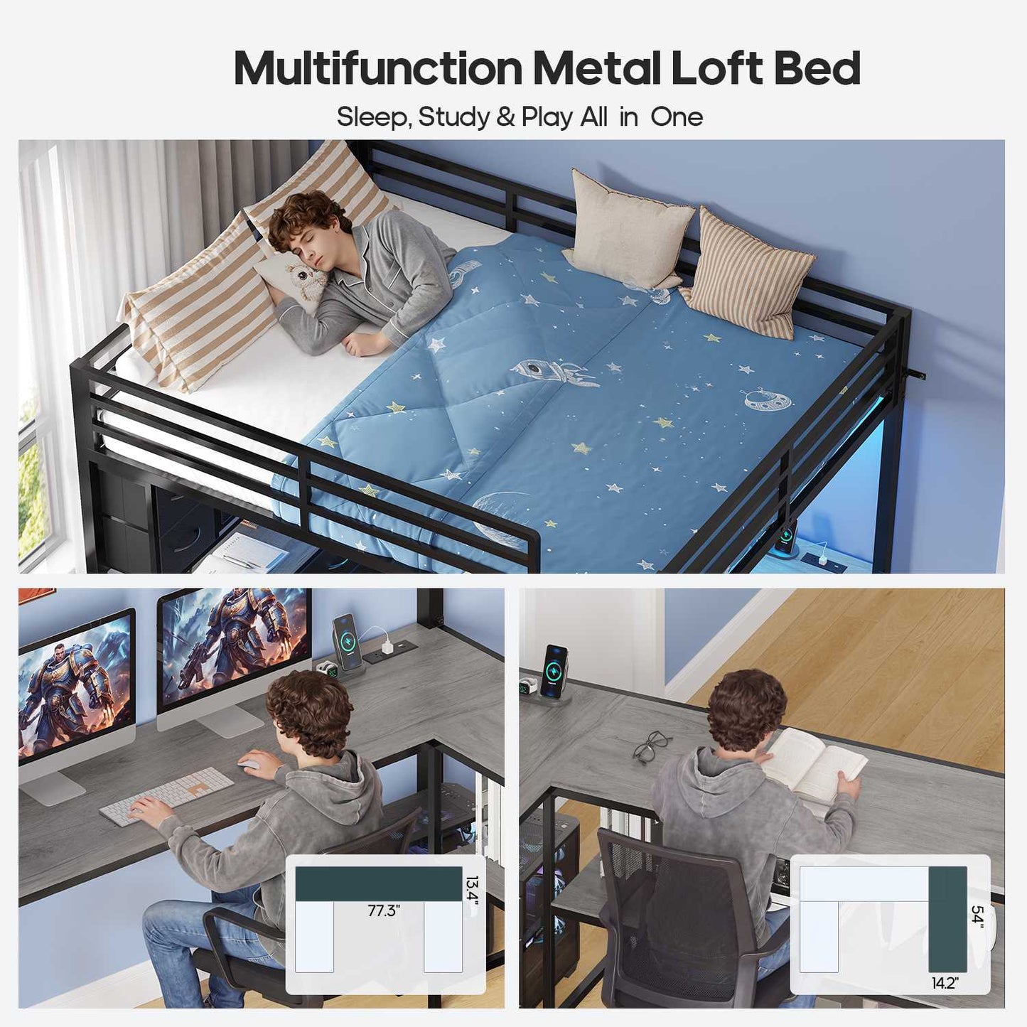 ADORNEVE Loft Bed Full Size with U-Shaped Desk and 10 Storage Drawers LED Metal Loft Bed with Cabinet 2 Shelves and Power Outlet Safety Guardrail