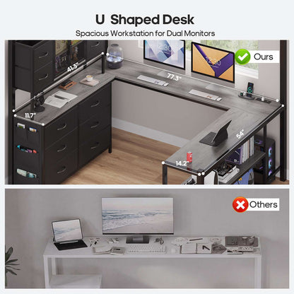 ADORNEVE Loft Bed Full Size with U-Shaped Desk and 10 Storage Drawers LED Metal Loft Bed with Cabinet 2 Shelves and Power Outlet Safety Guardrail
