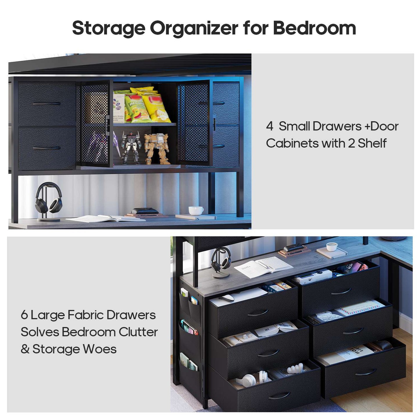 ADORNEVE Loft Bed Full Size with U-Shaped Desk and 10 Storage Drawers LED Metal Loft Bed with Cabinet 2 Shelves and Power Outlet Safety Guardrail