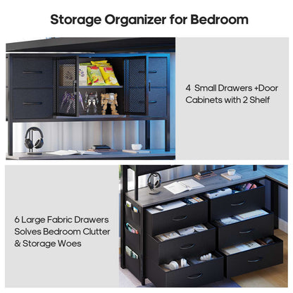 ADORNEVE Loft Bed Full Size with U-Shaped Desk and 10 Storage Drawers LED Metal Loft Bed with Cabinet 2 Shelves and Power Outlet Safety Guardrail