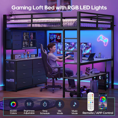 ADORNEVE Loft Bed Full Size with U-Shaped Desk and 10 Storage Drawers LED Metal Loft Bed with Cabinet 2 Shelves and Power Outlet Safety Guardrail