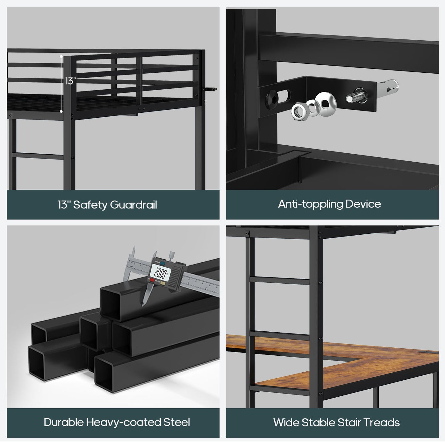 ADORNEVE Loft Bed Full Size with U-Shaped Desk and 10 Storage Drawers LED Metal Loft Bed with Cabinet 2 Shelves and Power Outlet Safety Guardrail