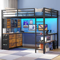 ADORNEVE Loft Bed Full Size with U-Shaped Desk and 10 Storage Drawers LED Metal Loft Bed with Cabinet 2 Shelves and Power Outlet Safety Guardrail