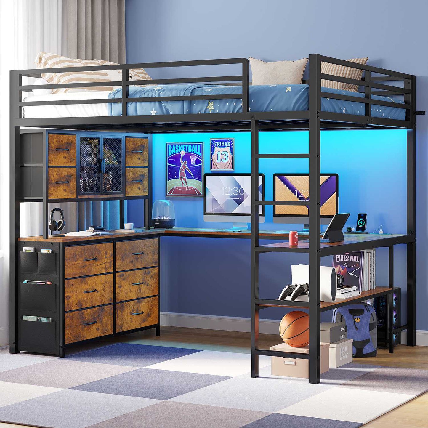 ADORNEVE Loft Bed Full Size with U-Shaped Desk and 10 Storage Drawers LED Metal Loft Bed with Cabinet 2 Shelves and Power Outlet Safety Guardrail